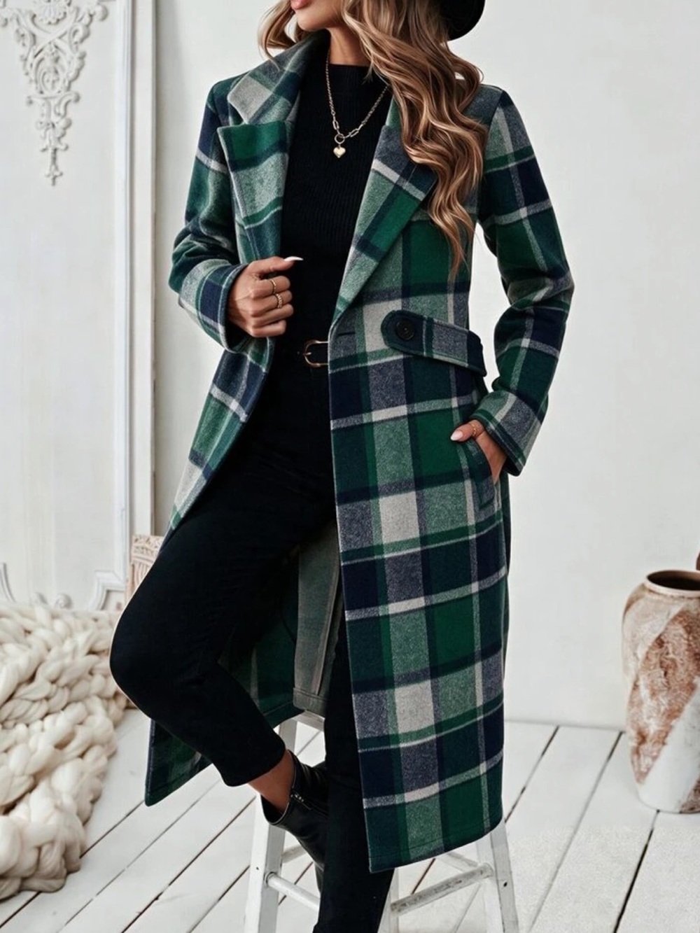 Women's Long Sleeve Notched Lapel Plaid Coat With Belt Office Green